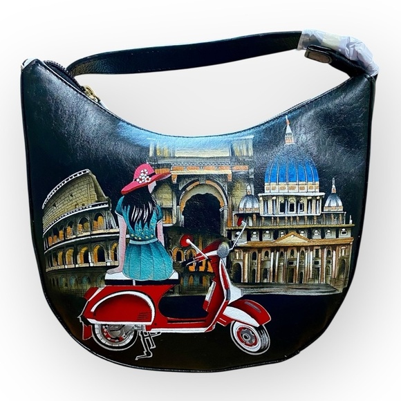 Anuschka Hand-Painted Leather Hobo Bag Italian Holiday Scooter Art Purse - Picture 1 of 10